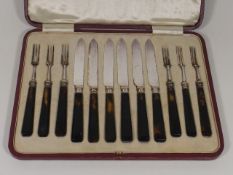 A Cased Silver Collared Knife Set With Faux Tortoi