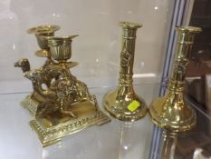 A Set Of Brass 19thC. Camel Candleholders & One Ot