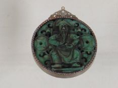 A White Metal Mounted Carved Jade Chinese Pendant