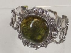 A Silver With Green Amber Bracelet