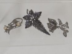 Three White Metal & Marcasite Brooches, One A/F