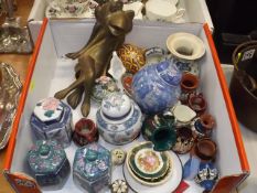 Two Brass Frog Shelf Ends & A Quantity Of Ceramics