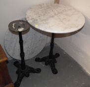 Two Cast Bar Tables With Marble Tops, One Unglued
