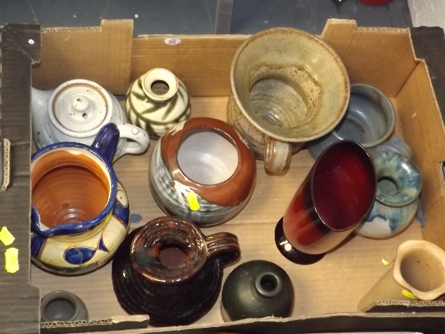 A Box Of Studio Pottery & A Flambe Style Vase