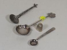 Two Silver Spoons, A Silver Thimble & A Pewter Spo
