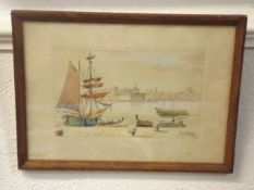 Framed 1950'S Maltese Watercolour Of Boats In Harb