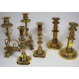 Three Sets Of Antique Brass Candlesticks