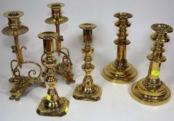 Three Sets Of Antique Brass Candlesticks