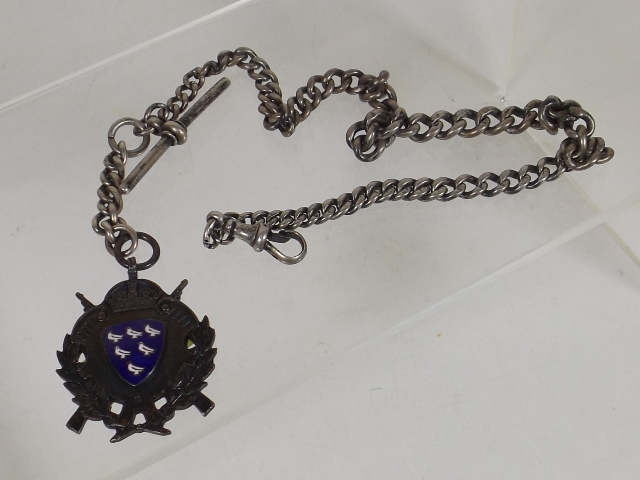 A Silver Albert Chain & A Enamelled Fob