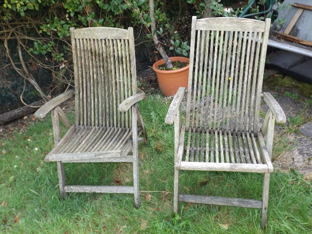 Two Teak Folding Garden Chairs, One Contorted