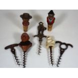 Two Novelty Bottle Stoppers & Five Corkscrews