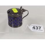 A Silver Salt Pot With Blue Glass Liner