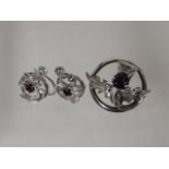 A Silver Scottish Thistle Brooch & Ear Ring Set