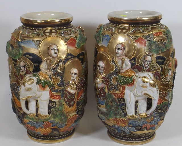 A Pair Of Early 20thC. Japanese Vases With Heavy R