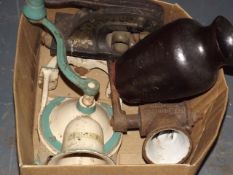 A Box Of Vintage Kitchenware & A Vase