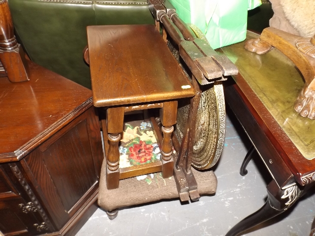 A Small Oak Stool, A Small Benares Style Table & A