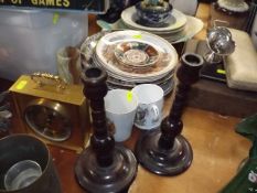 Two Turned Candlesticks & Other Items