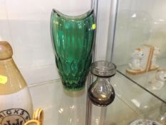 A Green Art Glass Vase & One Other