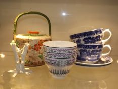 Two Over Sized Blue & White Cups With Saucers, A D