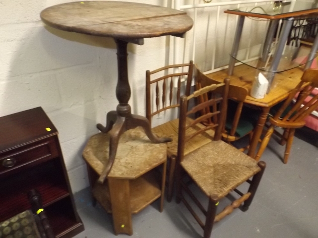 An Oak Topped Tilt Top Table, Two Rush Seat Chairs