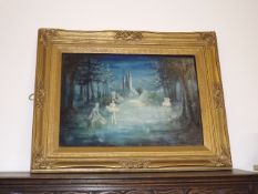 A Framed Oil Painting Depicting Ballerinas Dancing