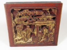A 19thC. Chinese Carved Wooden Plaque Decorated Wi