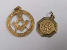 A 9ct Gold Masonic Pendant & A Similar St. Christo