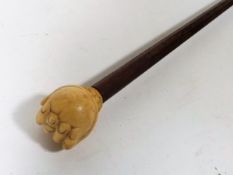A 19thC. Gents Walking Cane With Ivory Hand Grippi