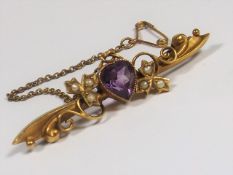 A Victorian 15ct Gold Brooch With Heart Shaped Ame