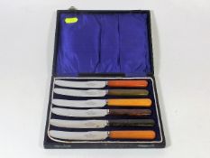 A Boxed Set Of Fruit Knives With Agate Style Handl