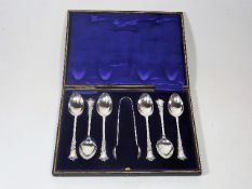 A Boxed Set Of Six Silver Teaspoons & A Pair Of Ma