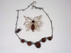 Three Pieces Of Silver & Amber Jewellery, One Bein