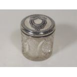 An Antique Cut Glass Powder Jar With Embossed Silv