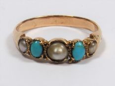 A 19thC. 9ct Gold Ring With Turquoise & Pearl