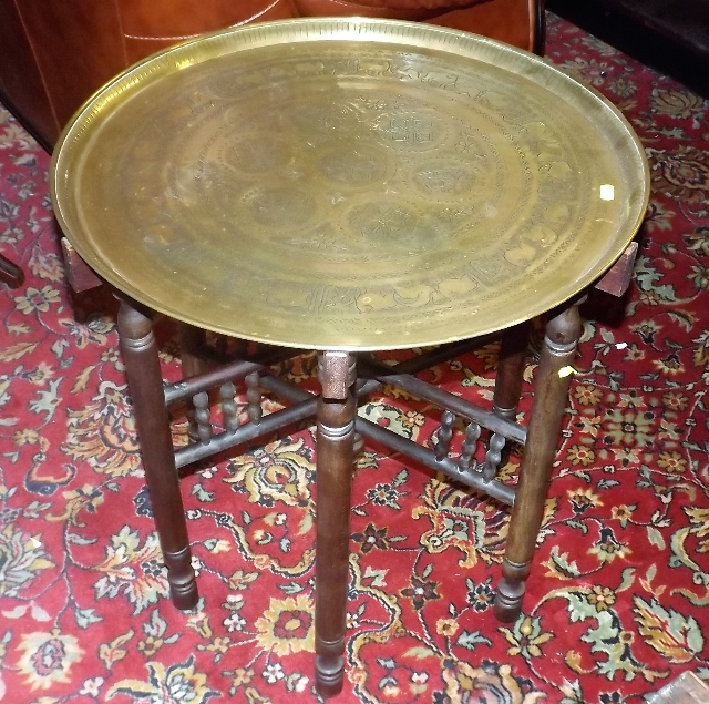 A Brass Benares Tray On Folding Frame