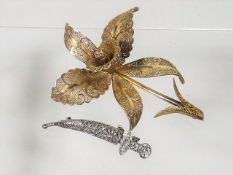 A Silver Gilt Filigree Work Flower Brooch Twinned