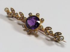 A 15ct Gold Victorian Amethyst & Seed Pearl Brooch
