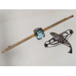 A 9ct Gold Antique Bar Brooch With Aqua Stone Twin