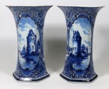 A Pair Of Dutch Delft Blue & White Vases 26cm High