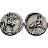 CALABRIA, Tarentum. Circa 385-380 BC. AR Nomos (20mm, 7.86 g, 6h). Nude youth on horse standing