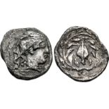 SAMNIUM, Saunitai. Circa 310-300 BC. AR Obol (10mm, 0.61 g, 9h). Head of female right, wearing veil;
