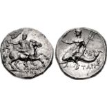 CALABRIA, Tarentum. Circa 240-228 BC. AR Nomos (20mm, 6.59 g, 8h). Kallikrates, magistrate. Warrior,