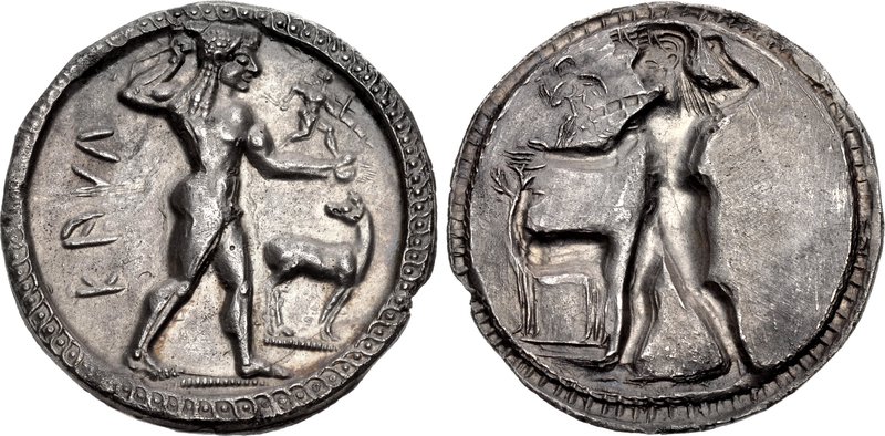 BRUTTIUM, Kaulonia. Circa 525-500 BC. AR Nomos (30.5mm, 7.97 g, 12h). Apollo advancing right,