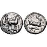 SICILY, Messana. 420-413 BC. AR Tetradrachm (25.5mm, 17.40 g, 5h). The nymph Messana, holding