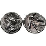 CALABRIA, Tarentum. Circa 380-325 BC. AR Diobol (12mm, 1.17 g, 12h). Head of Athena left, wearing