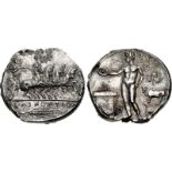 SICILY, Selinos. Circa 455-409 BC. AR Tetradrachm (27mm, 17.13 g, 6h). Artemis, holding reins in