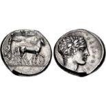 SICILY, Katane. Circa 435-412 BC. AR Tetradrachm (26mm, 17.05 g, 6h). Charioteer, wearing long