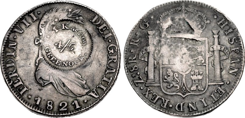 SCOTLAND, Countermarked coinage. Renfrewshire, Greenock. J. McK(elvie?) & Son. AR Four Shillings