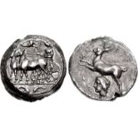 SICILY, Messana. 412-408 BC. AR Tetradrachm (25mm, 16.61 g, 8h). The nymph Messana, holding reins in