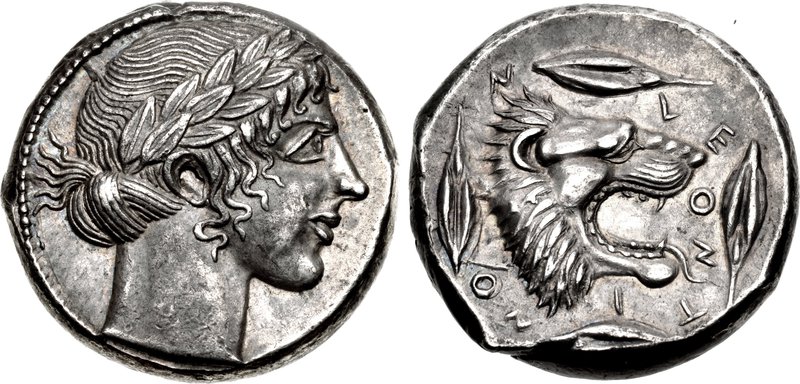 SICILY, Leontini. Circa 450-440 BC. AR Tetradrachm (25mm, 17.10 g, 5h). Head of Apollo right,